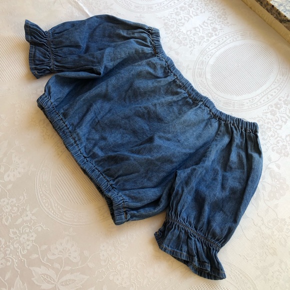 Knit Works Denim Off The Shoulder Cropped Top Girls Size S (7-8) Short Sleeves - Picture 7 of 16